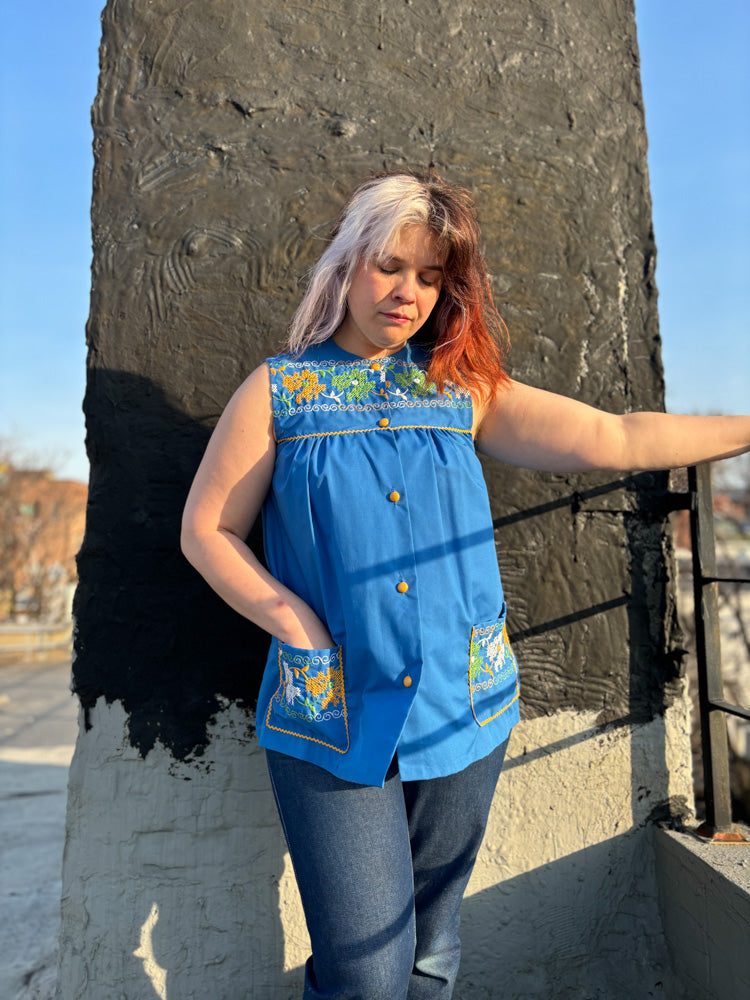60's 70's Royal Blue Embroidery Ricrac Sleeveless Smock Top