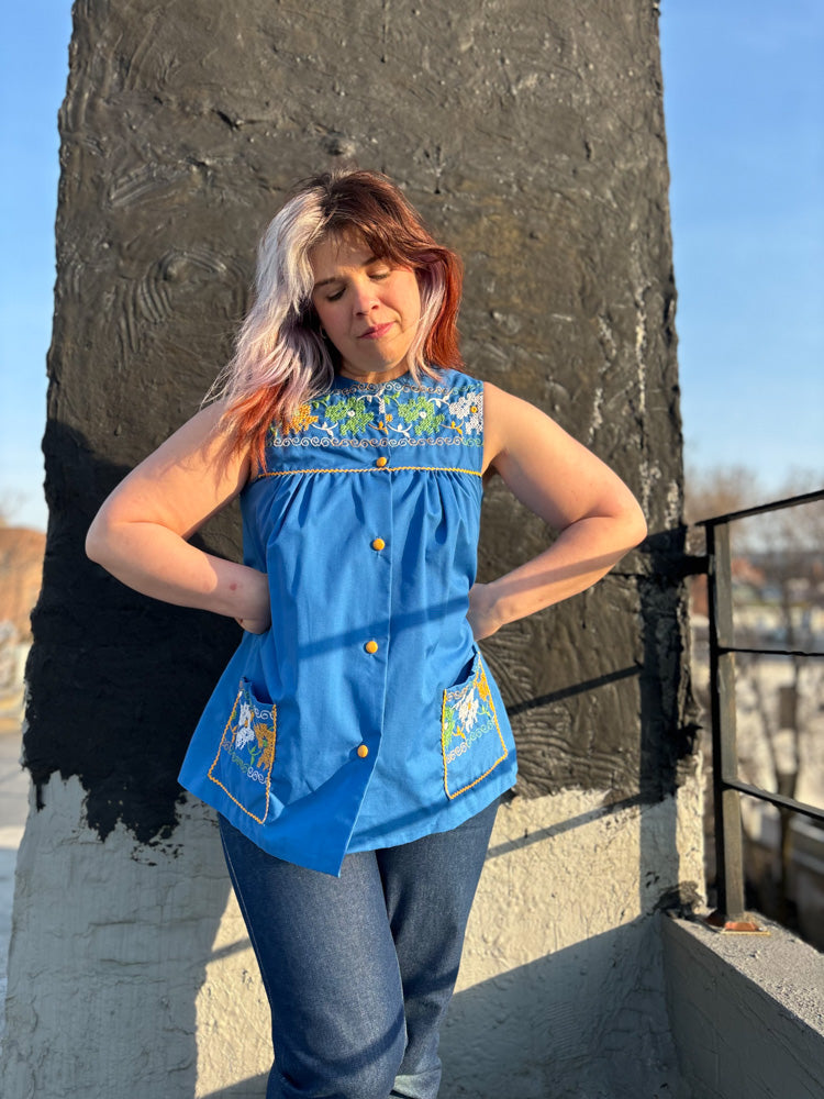 60's 70's Royal Blue Embroidery Ricrac Sleeveless Smock Top