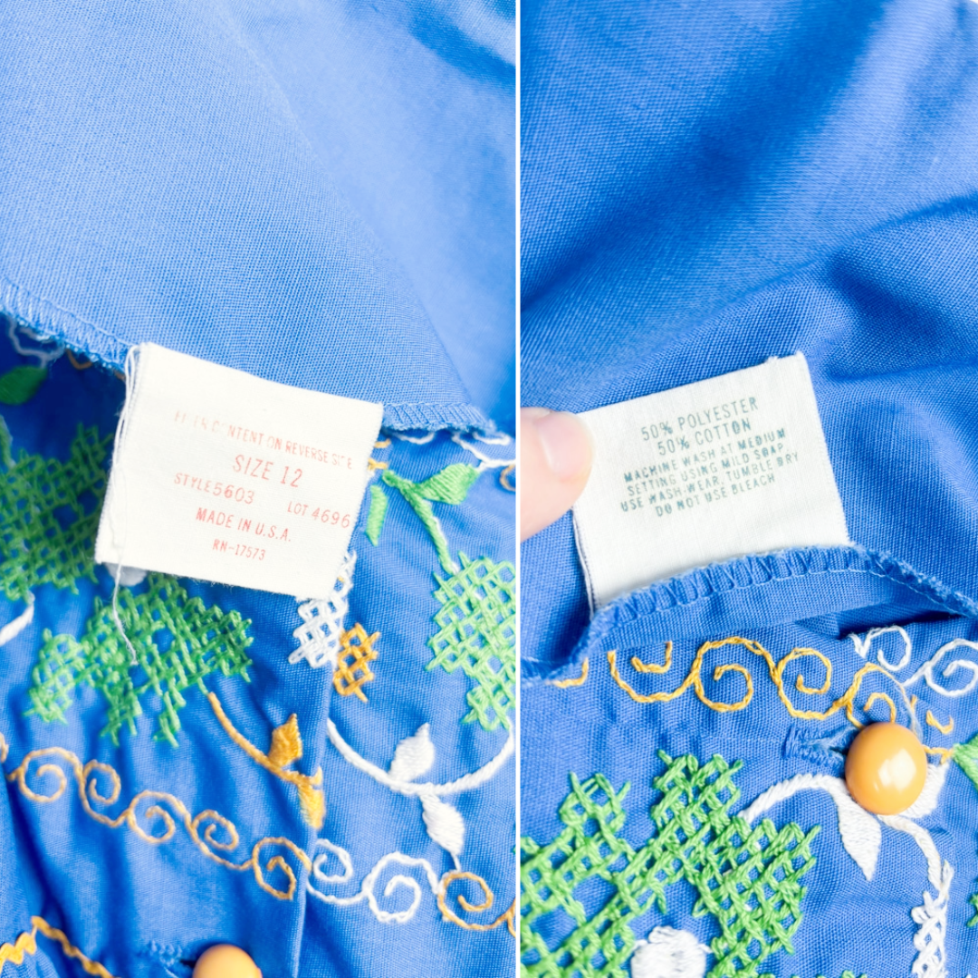 60's 70's Royal Blue Embroidery Ricrac Sleeveless Smock Top