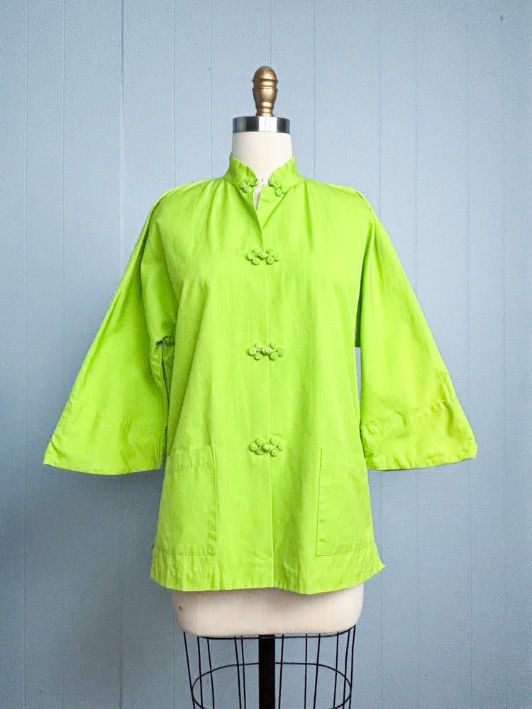 60's Neon Lime Green Cheongsam Mao Collar Jacket