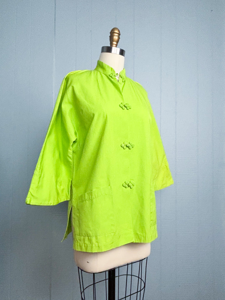 60's Neon Lime Green Cheongsam Mao Collar Jacket
