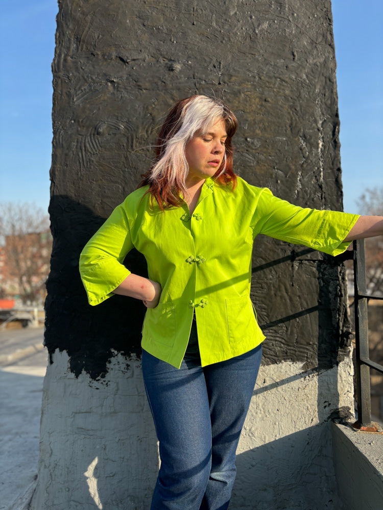 60's Neon Lime Green Cheongsam Mao Collar Jacket