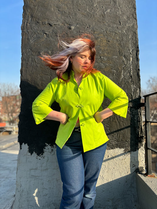 60's Neon Lime Green Cheongsam Mao Collar Jacket