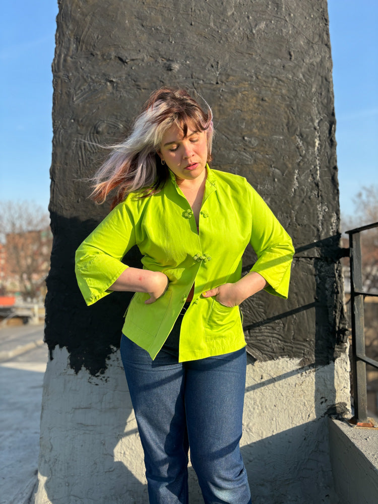 60's Neon Lime Green Cheongsam Mao Collar Jacket