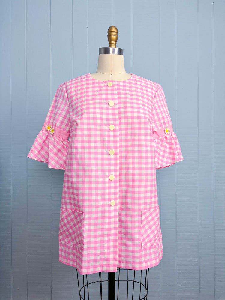 60's Barbie Pink Gingham Check Daisy Smock Blouse