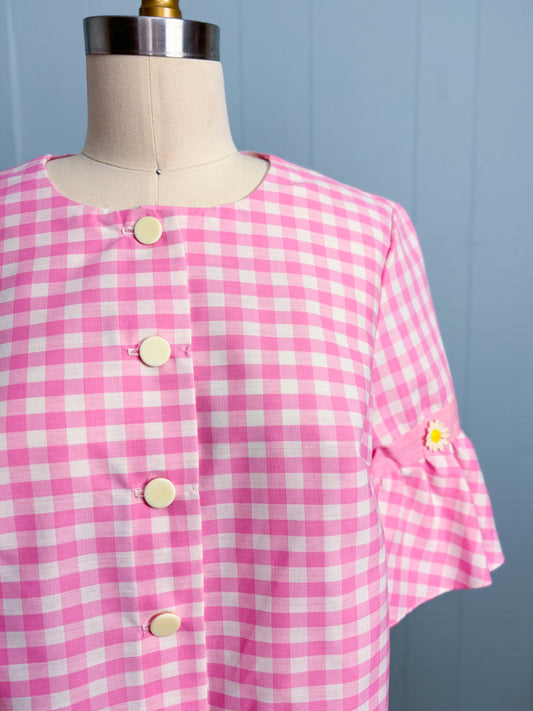 60's Barbie Pink Gingham Check Daisy Smock Blouse