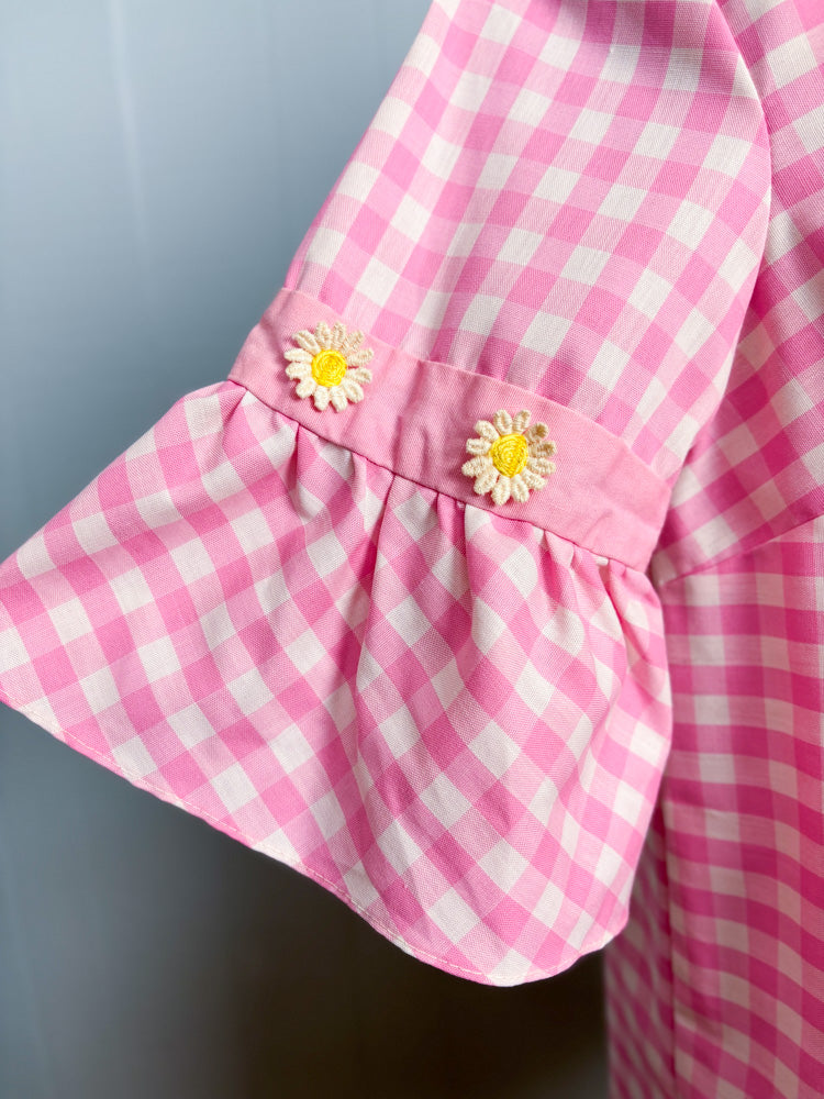 60's Barbie Pink Gingham Check Daisy Smock Blouse