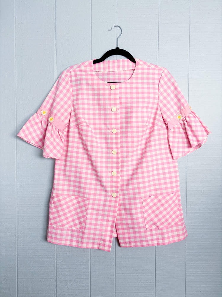 60's Barbie Pink Gingham Check Daisy Smock Blouse