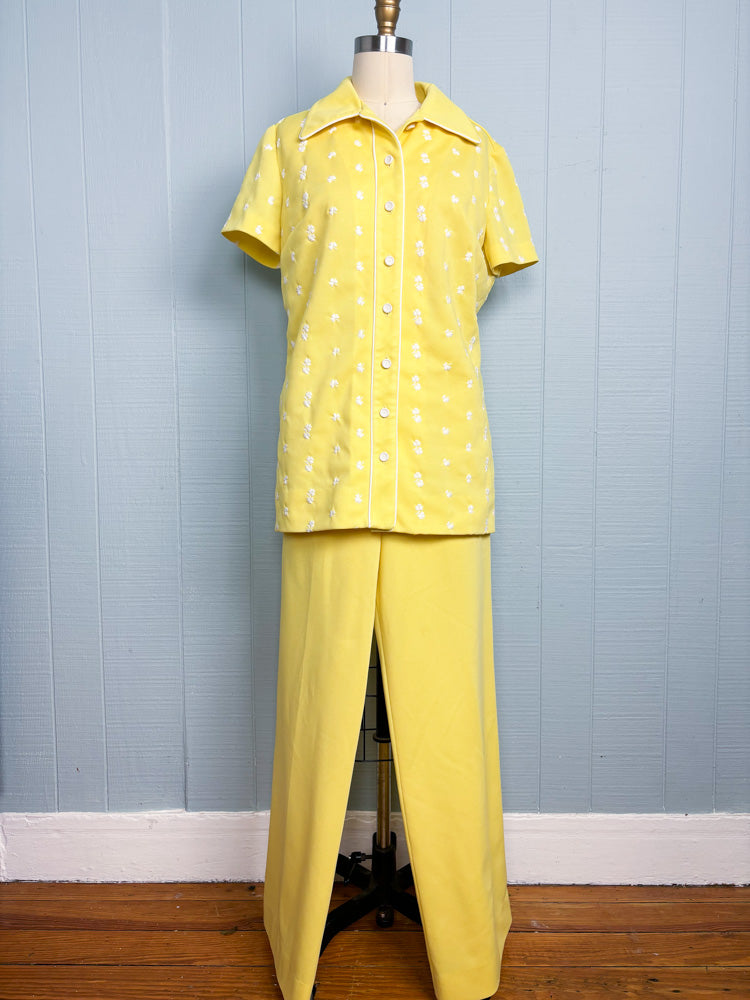 70's Sunshine Yellow Shirt & Pant Set Clover Embroidery