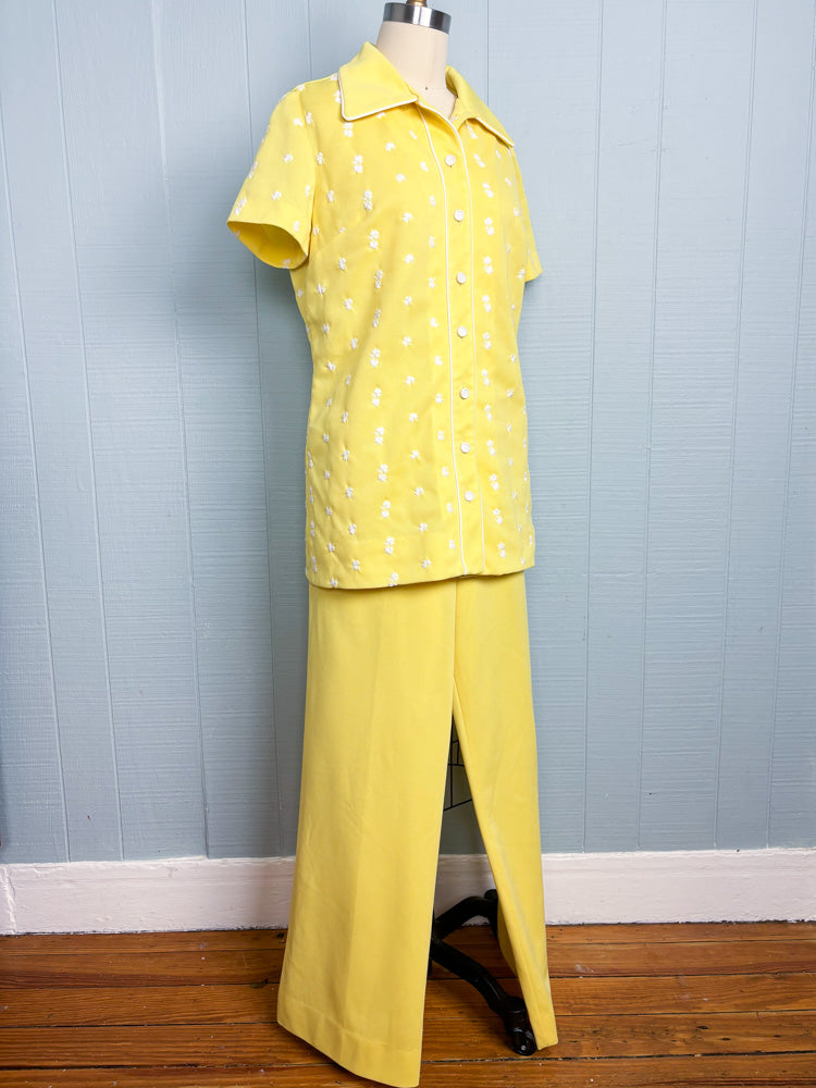 70's Sunshine Yellow Shirt & Pant Set Clover Embroidery
