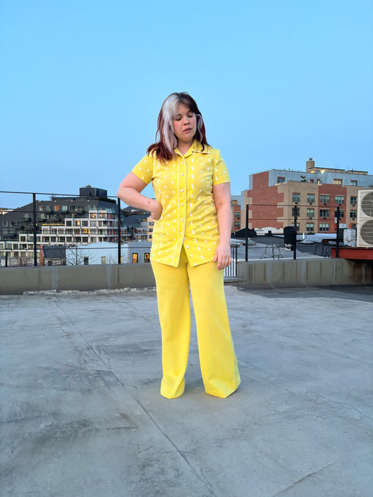 70's Sunshine Yellow Shirt & Pant Set Clover Embroidery