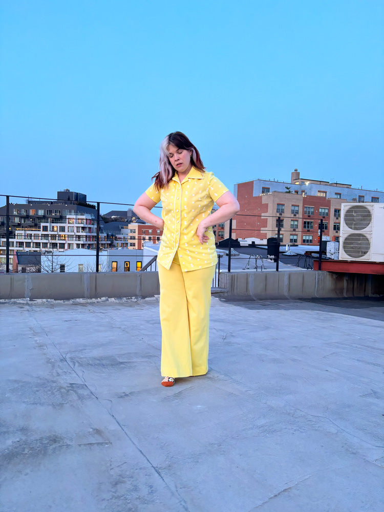 70's Sunshine Yellow Shirt & Pant Set Clover Embroidery