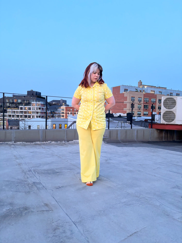 70's Sunshine Yellow Shirt & Pant Set Clover Embroidery