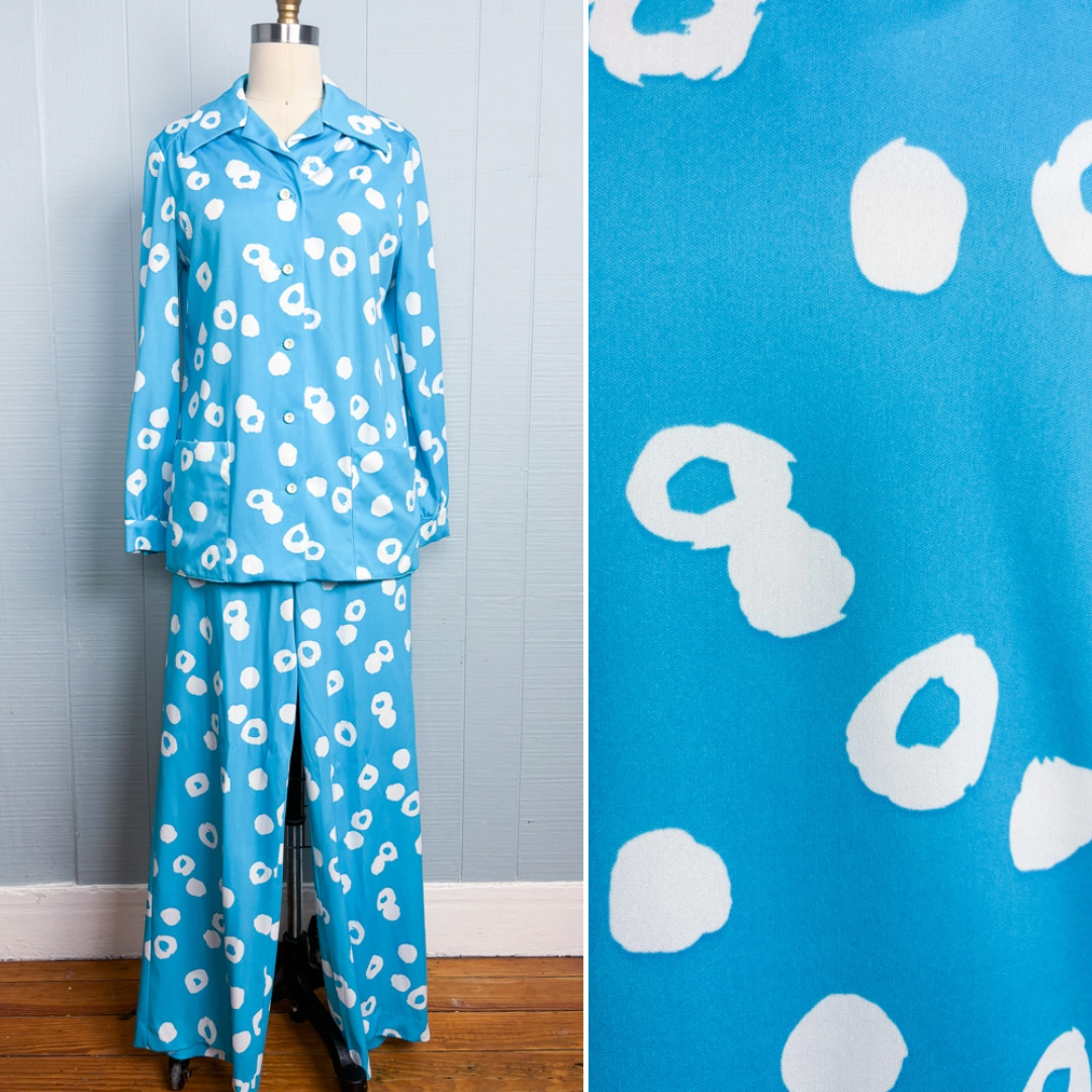 70's Bright Blue White Splotch Shirt & Pant Set
