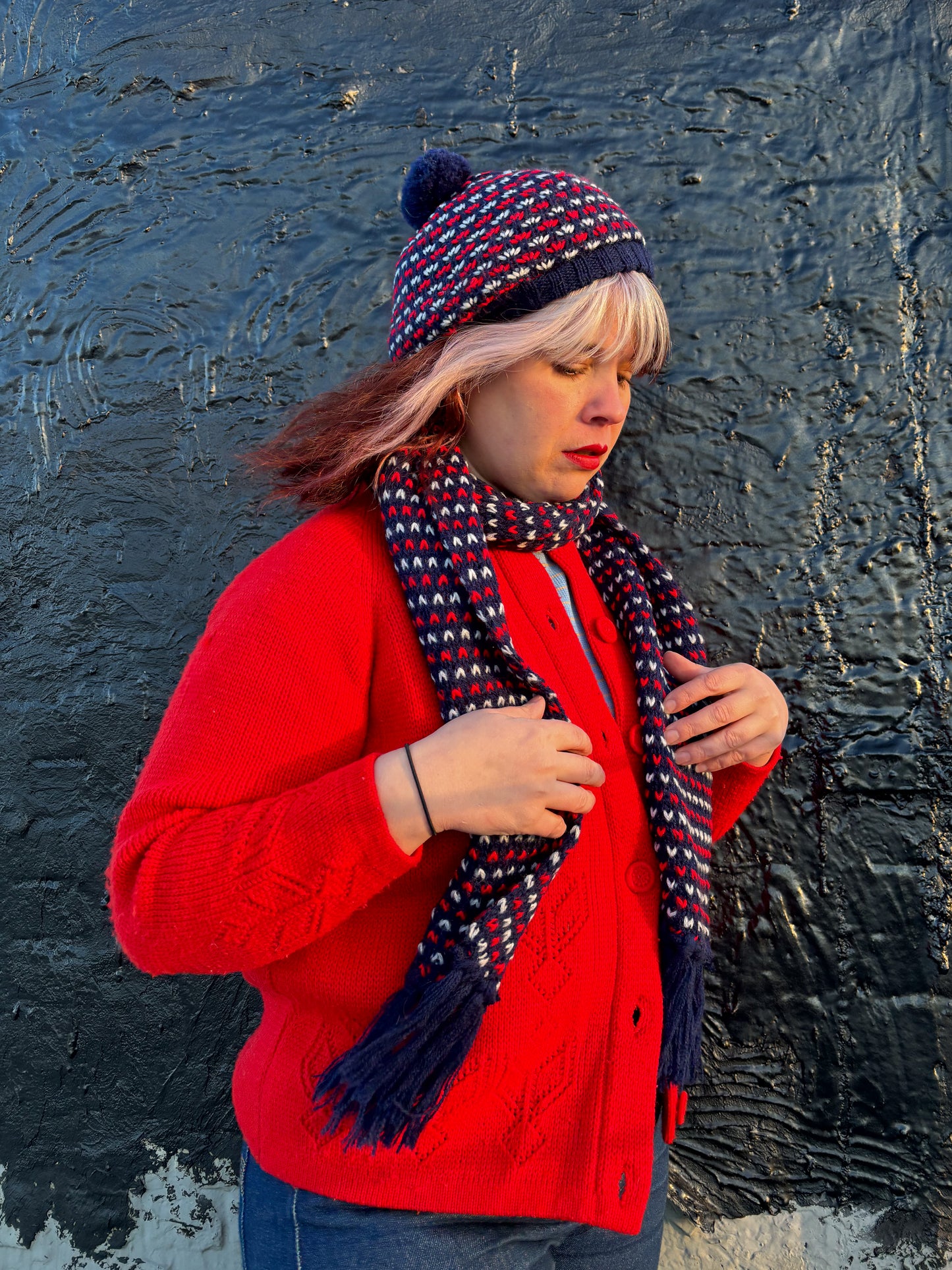 60's 70's Navy Knit Winter Scarf w Red & White V's & Matching Beret Tam Hat