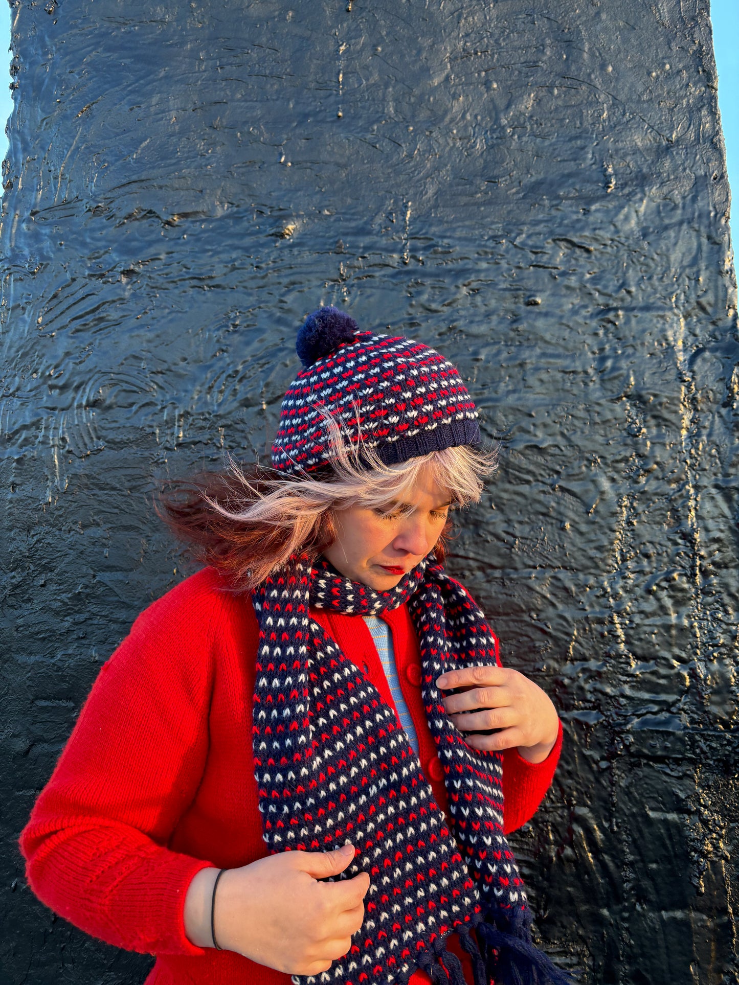60's 70's Navy Knit Winter Scarf w Red & White V's & Matching Beret Tam Hat