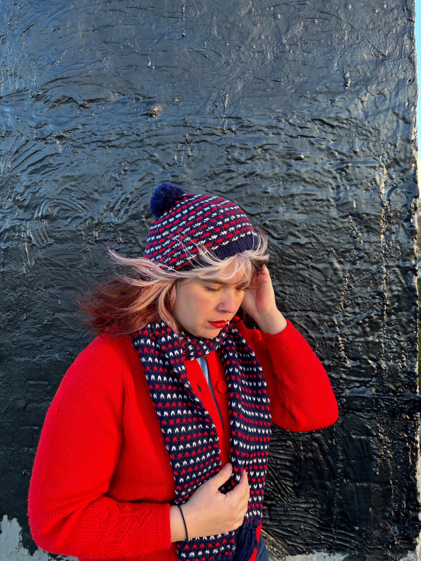 60's 70's Navy Knit Winter Scarf w Red & White V's & Matching Beret Tam Hat