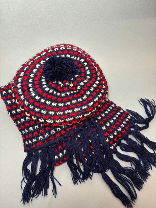 60's 70's Navy Knit Winter Scarf w Red & White V's & Matching Beret Tam Hat