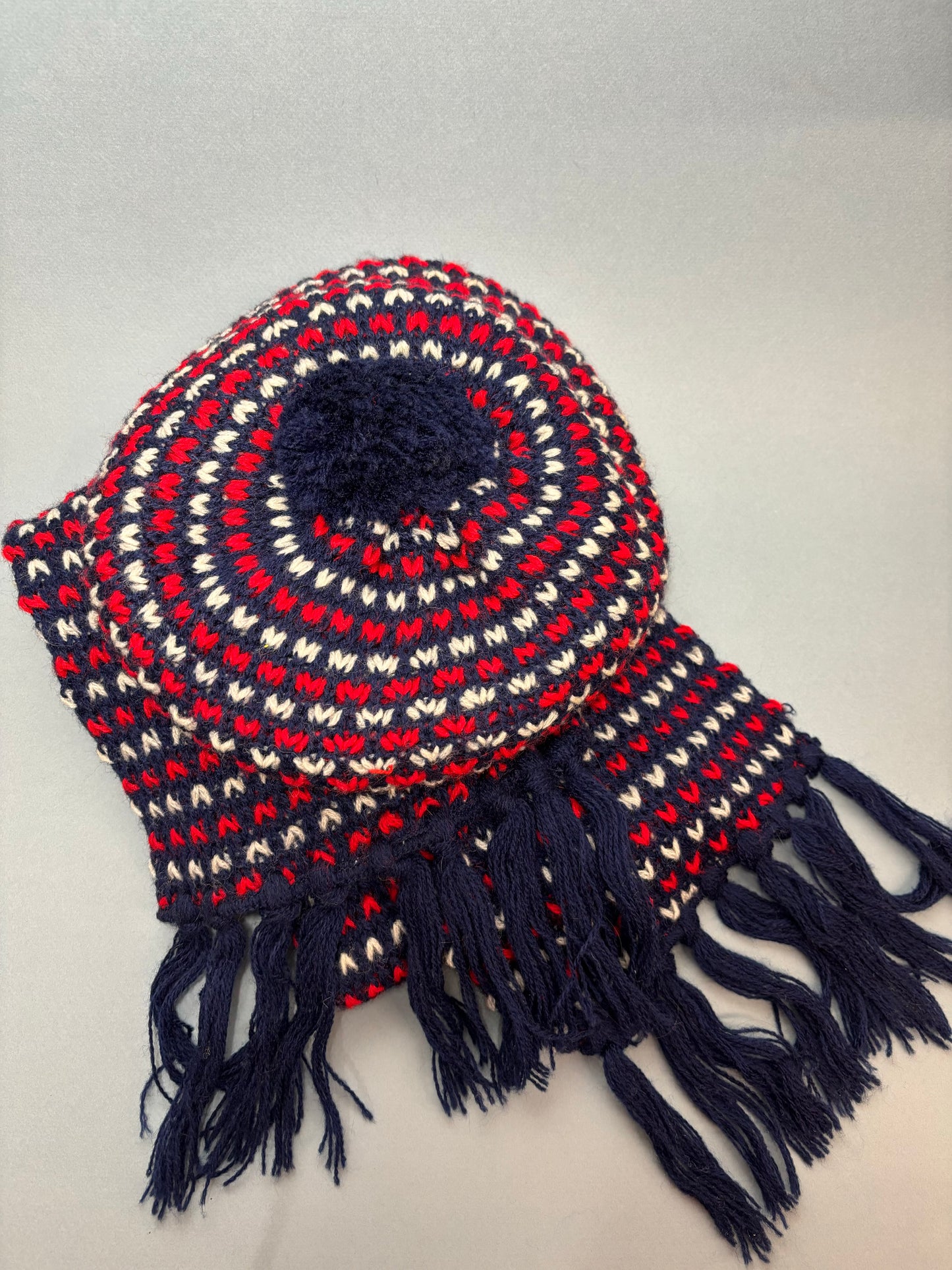 60's 70's Navy Knit Winter Scarf w Red & White V's & Matching Beret Tam Hat