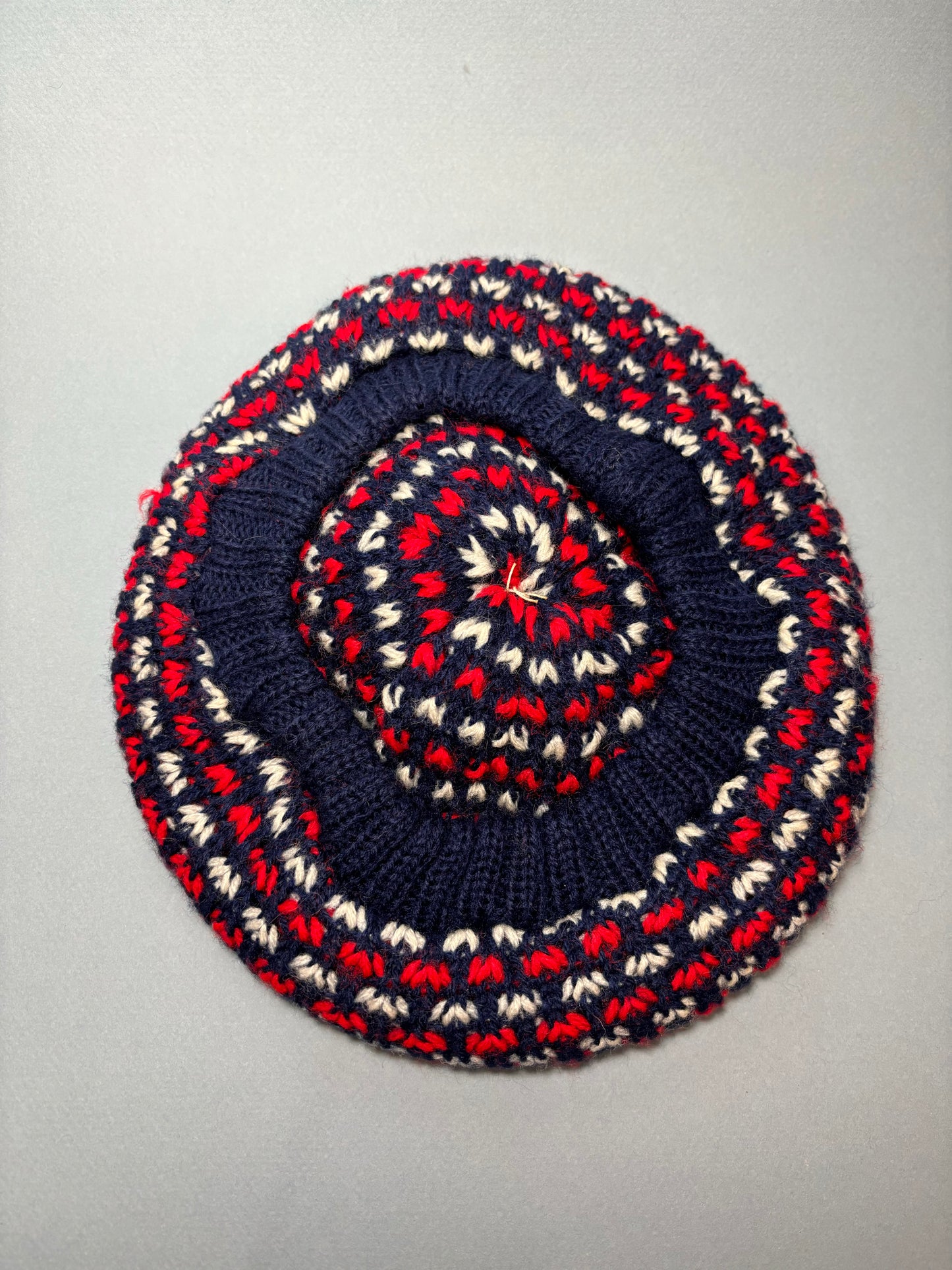 60's 70's Navy Knit Winter Scarf w Red & White V's & Matching Beret Tam Hat