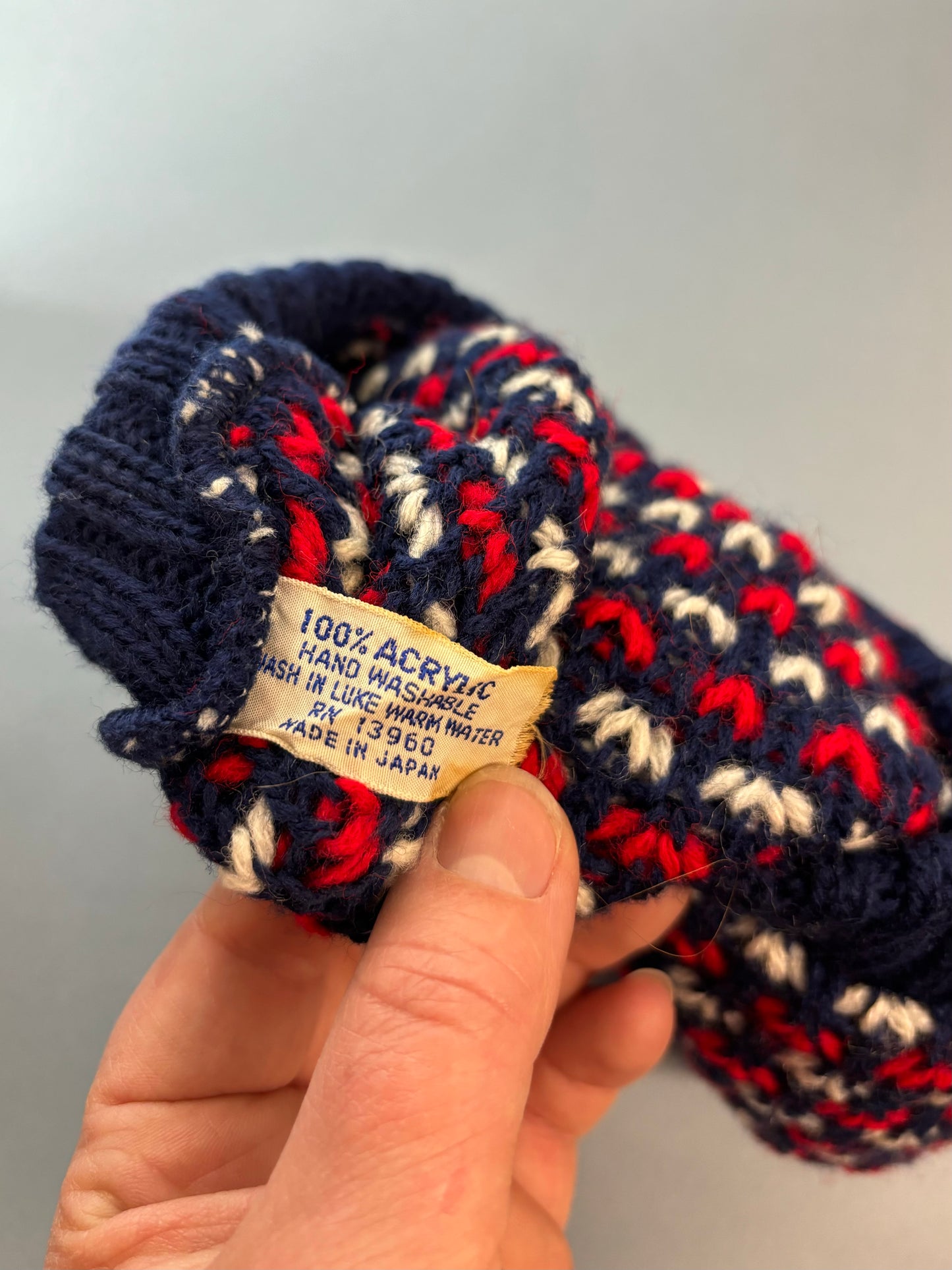 60's 70's Navy Knit Winter Scarf w Red & White V's & Matching Beret Tam Hat