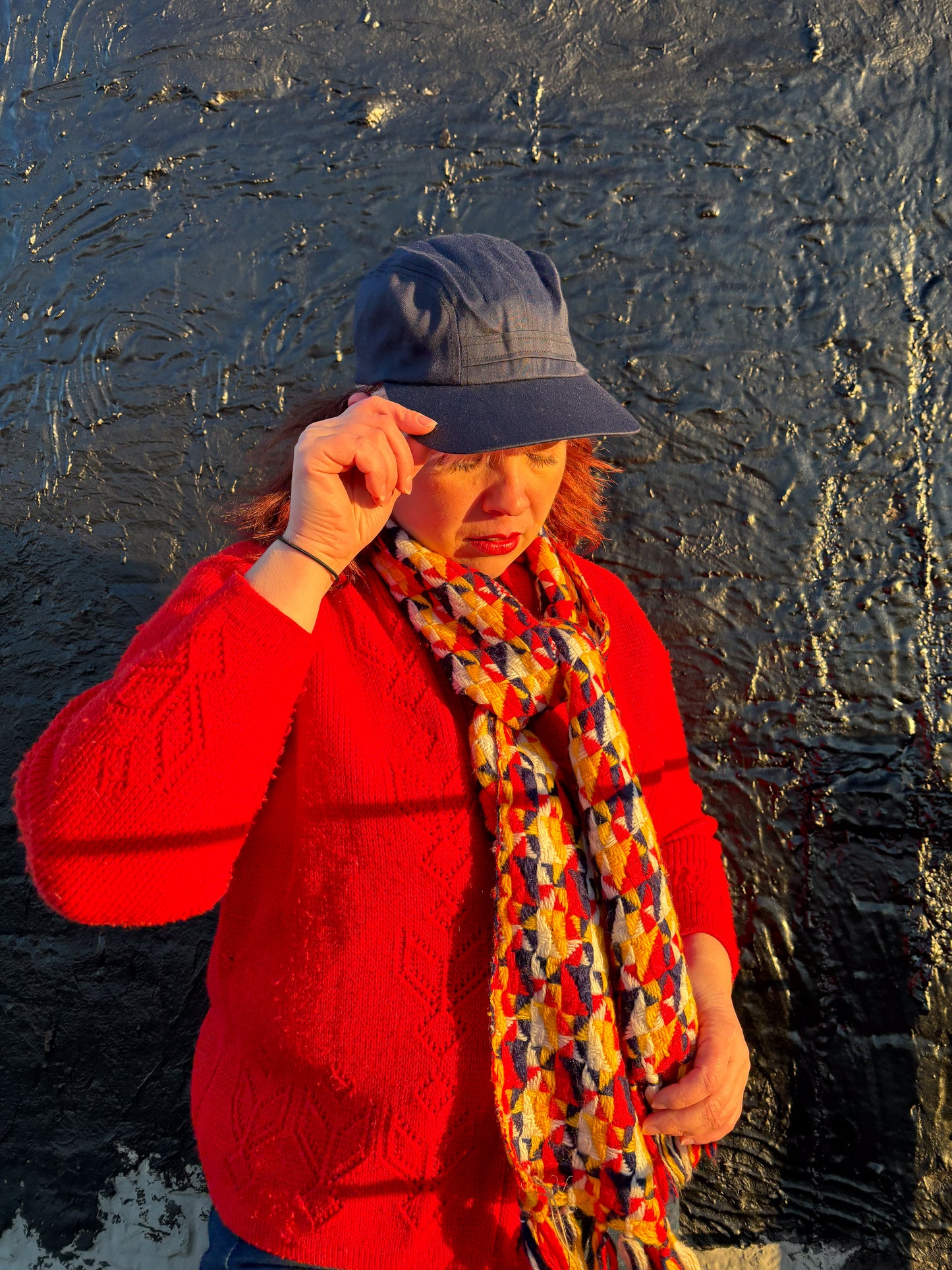 60's 70's Red Navy & Yellow Pinwheel Knit Winter Scarf