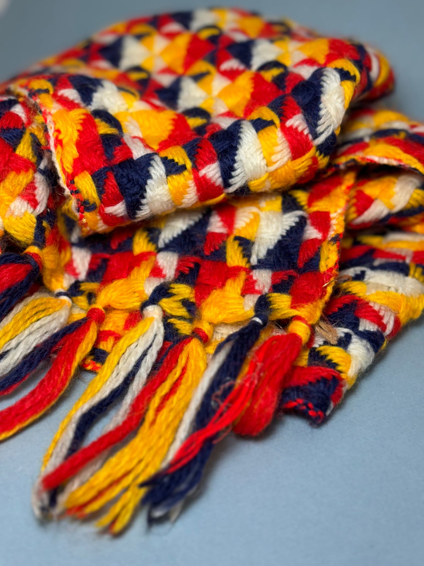 60's 70's Red Navy & Yellow Pinwheel Knit Winter Scarf