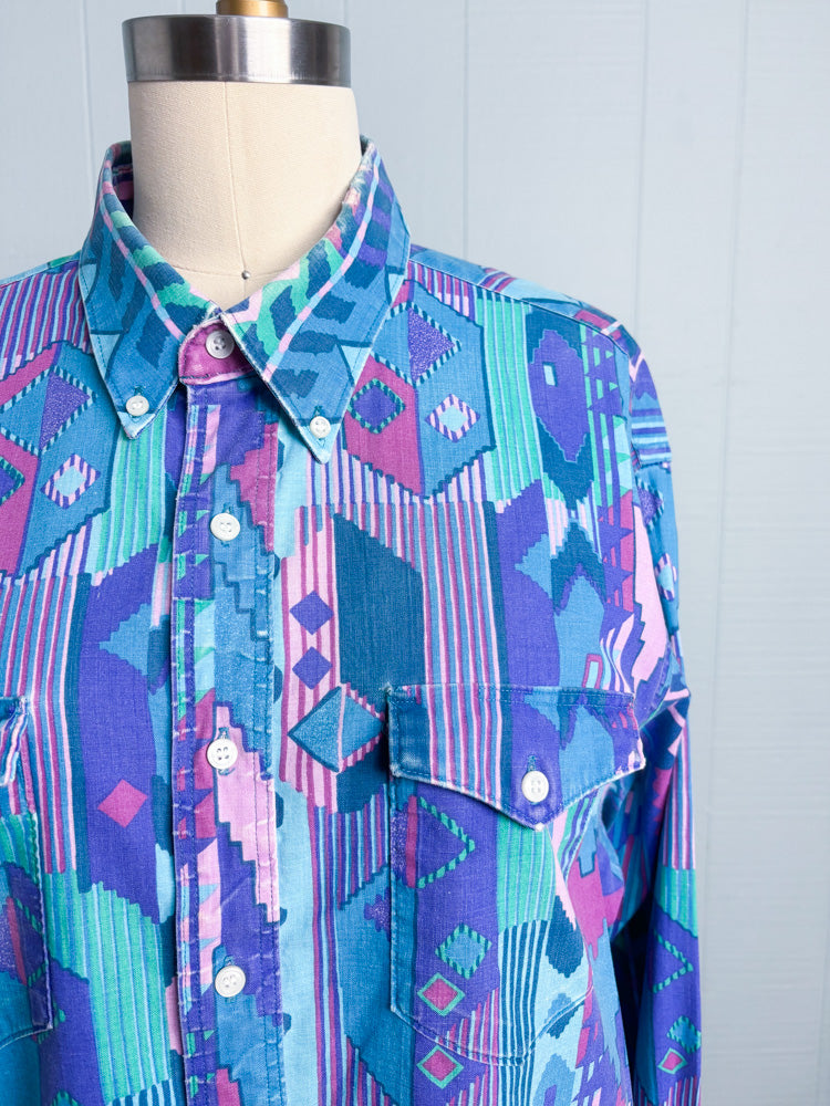 90's Wrangler Pastel Teal Western Print Button Down Shirt