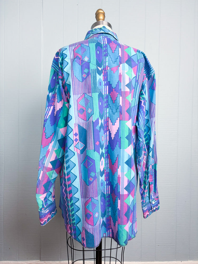 90's Wrangler Pastel Teal Western Print Button Down Shirt