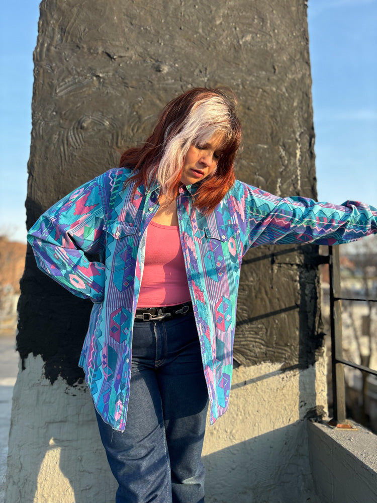 90's Wrangler Pastel Teal Western Print Button Down Shirt