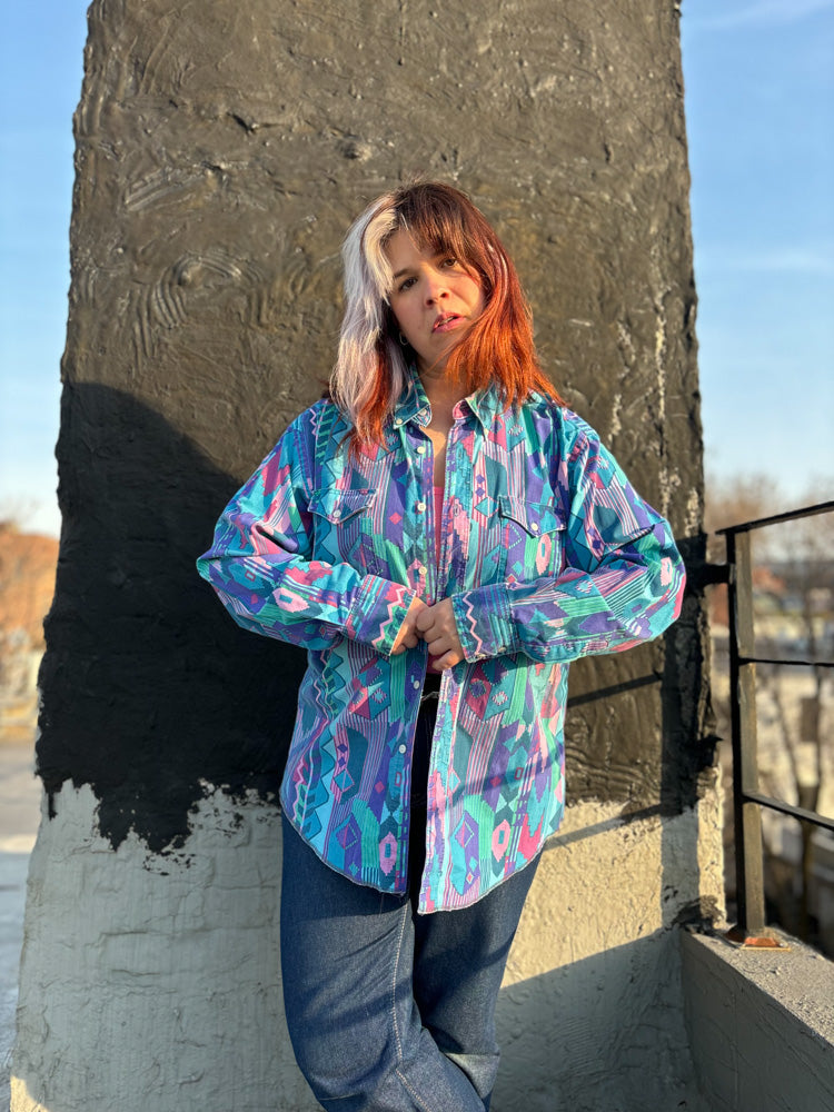 90's Wrangler Pastel Teal Western Print Button Down Shirt