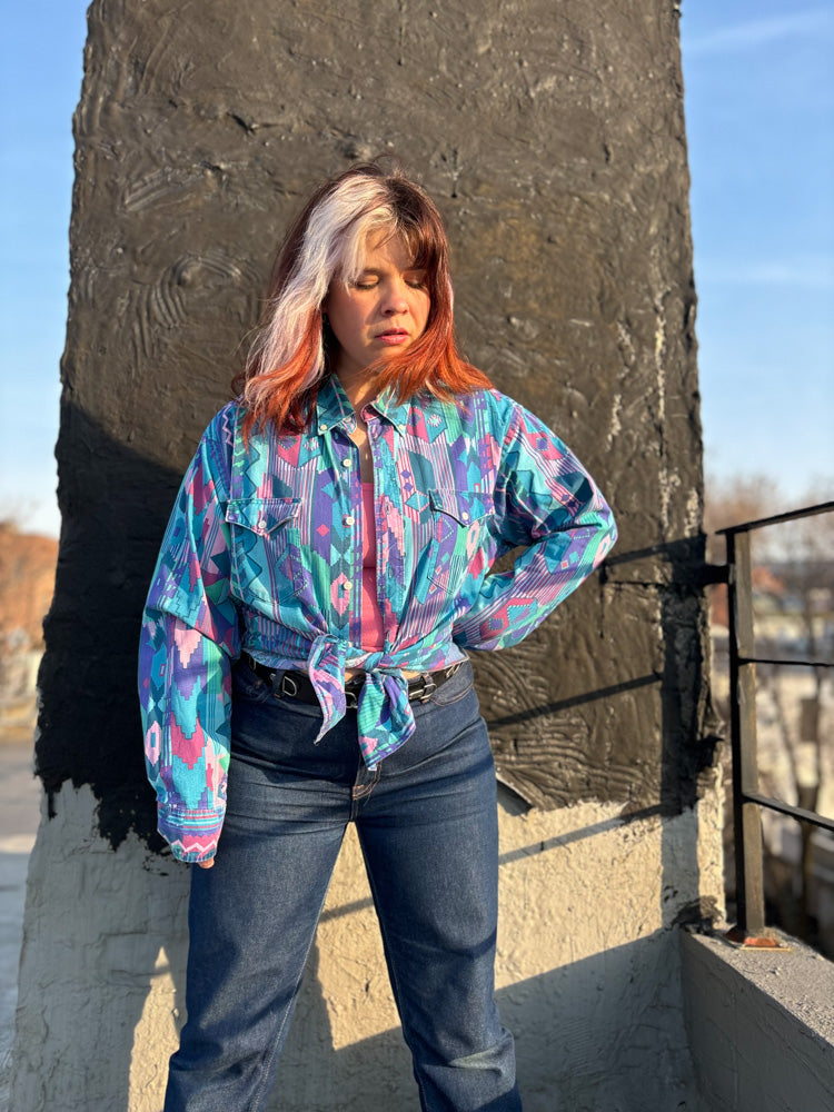 90's Wrangler Pastel Teal Western Print Button Down Shirt
