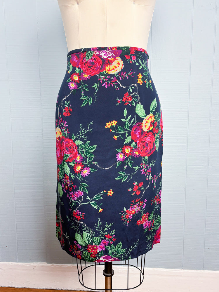 90's Navy Colorful Floral Silk Pencil Skirt
