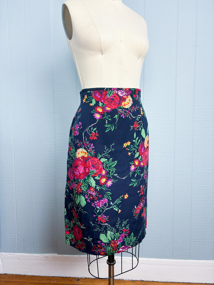 90's Navy Colorful Floral Silk Pencil Skirt