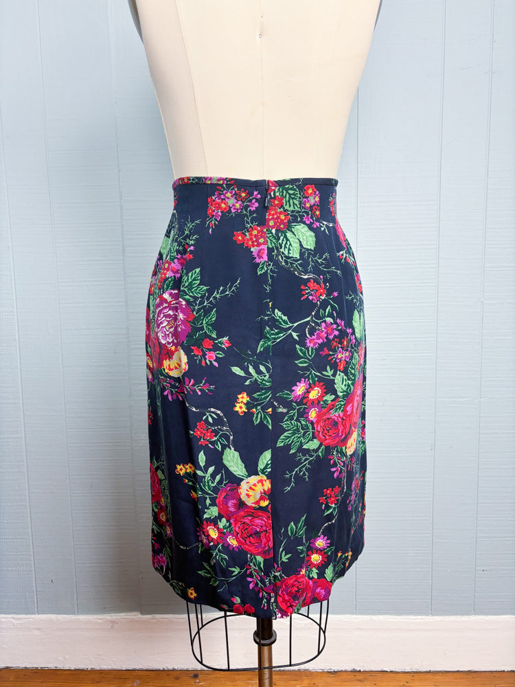 90's Navy Colorful Floral Silk Pencil Skirt