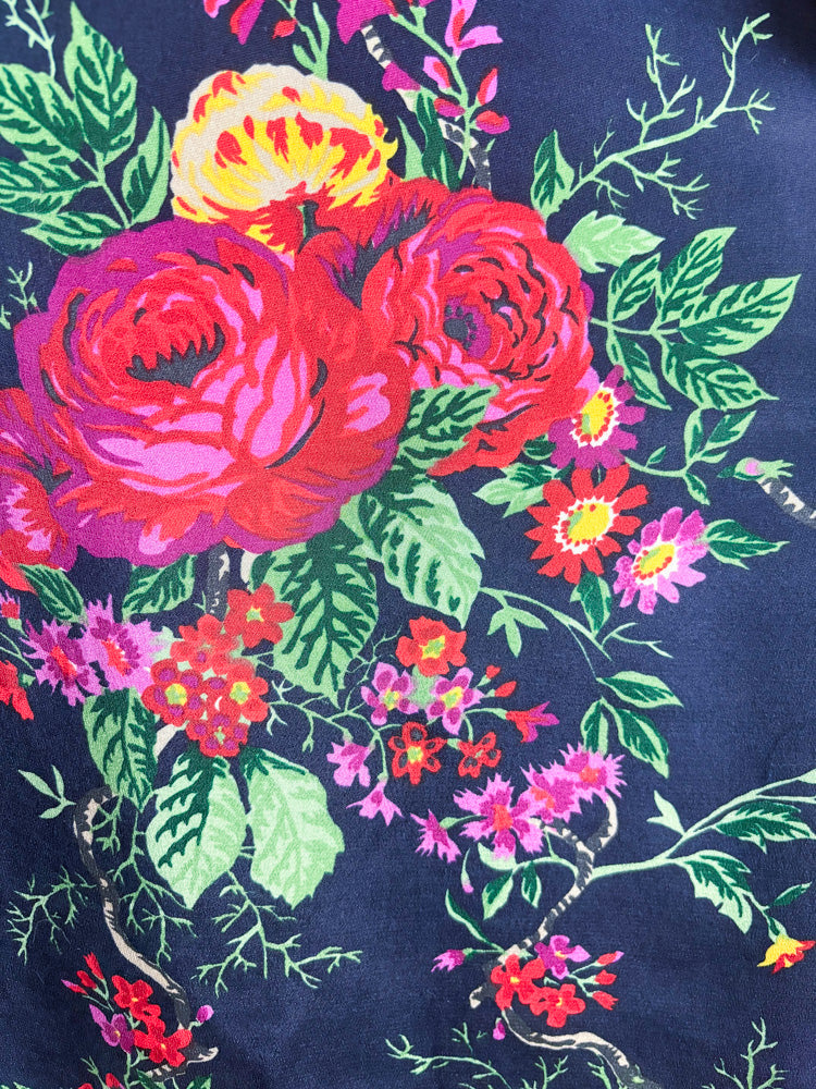 90's Navy Colorful Floral Silk Pencil Skirt