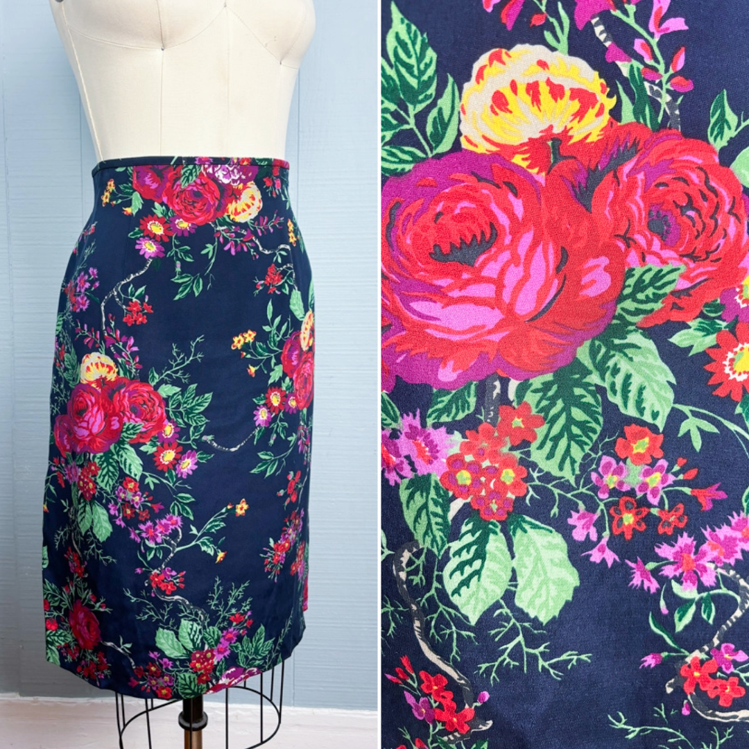 90's Navy Colorful Floral Silk Pencil Skirt