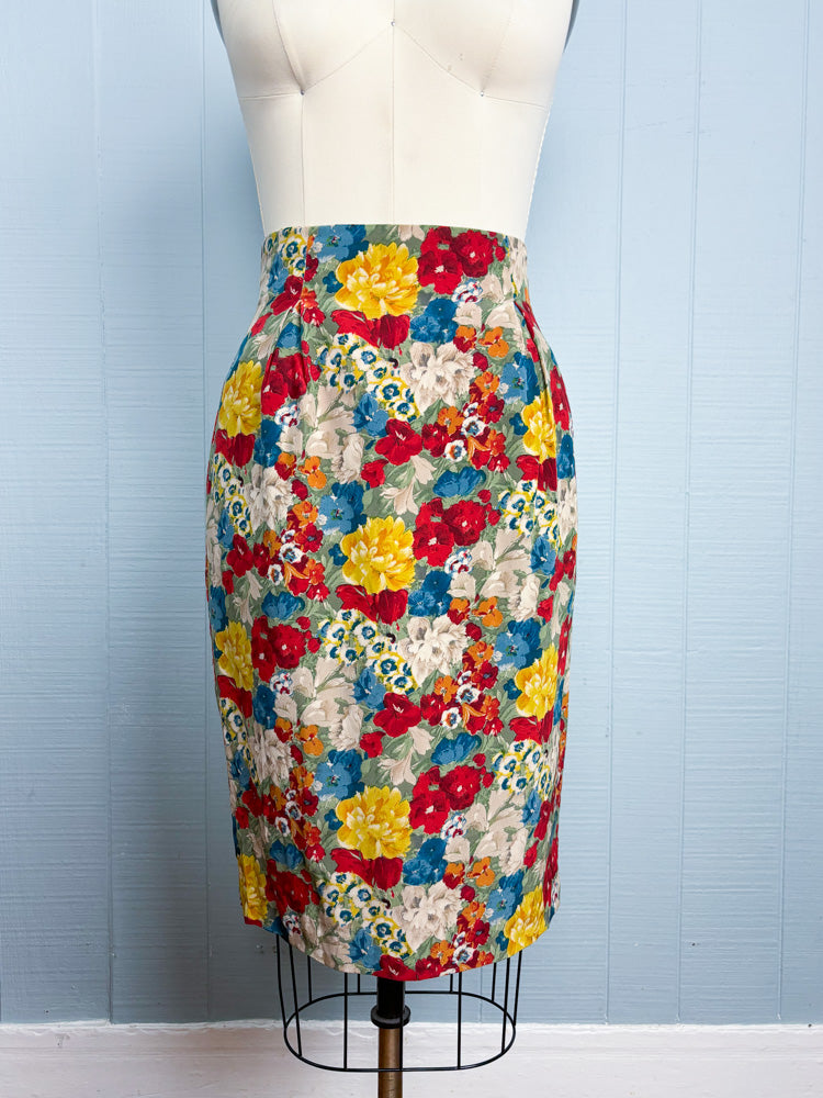 80's Bouquet of Flowers in Red Yellow Blue Silk Pencil Skirt