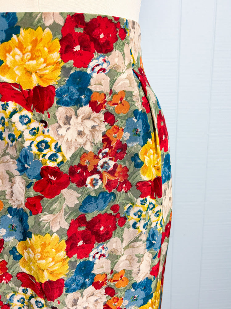 80's Bouquet of Flowers in Red Yellow Blue Silk Pencil Skirt