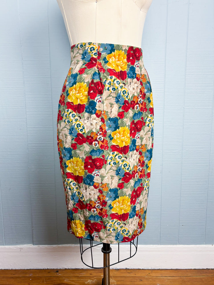 80's Bouquet of Flowers in Red Yellow Blue Silk Pencil Skirt