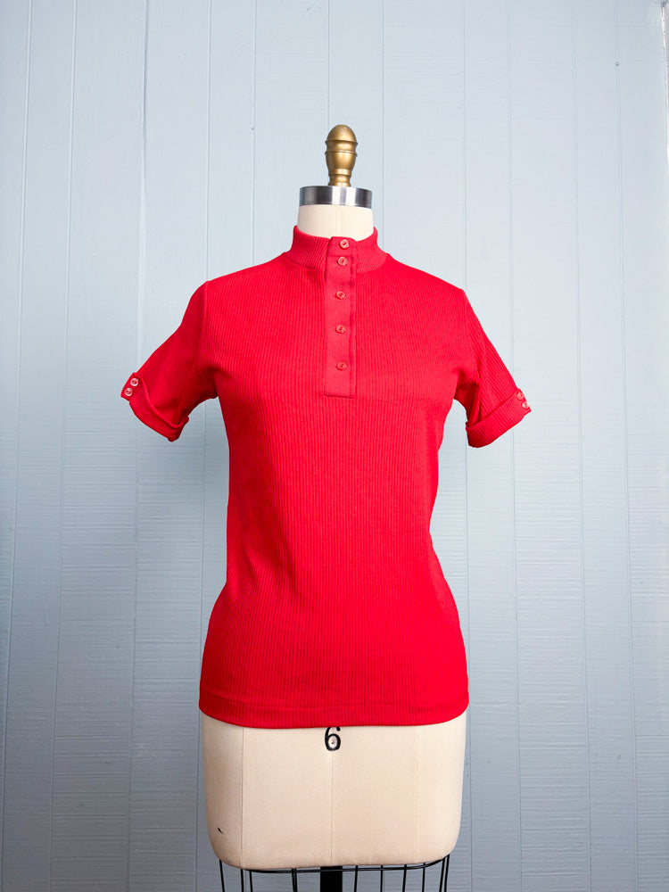 60's 70's Cherry Red Mockneck Short Sleeve Polo Shirt
