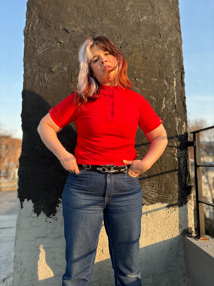 60's 70's Cherry Red Mockneck Short Sleeve Polo Shirt