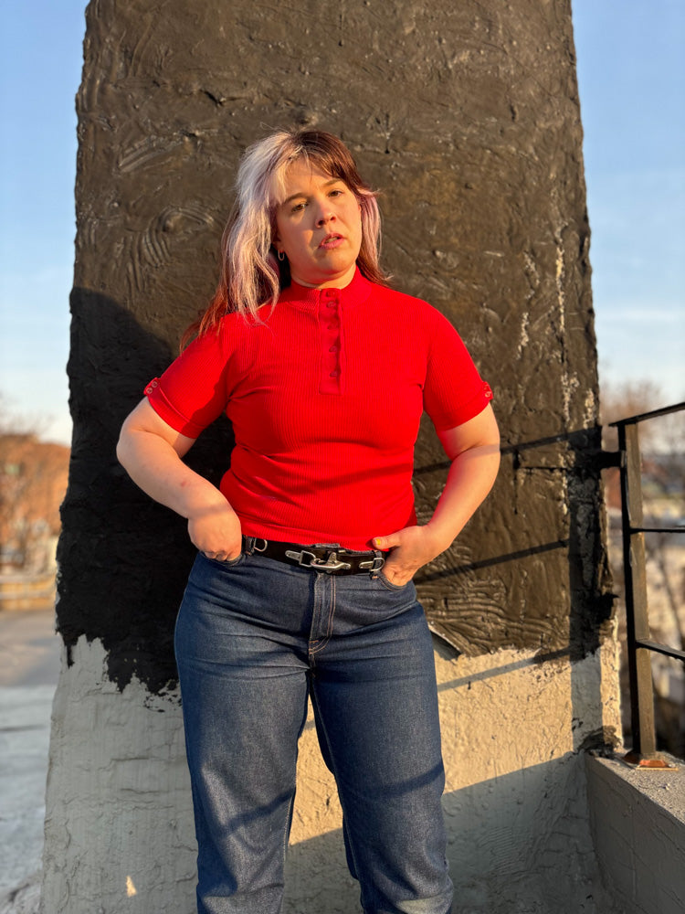 60's 70's Cherry Red Mockneck Short Sleeve Polo Shirt