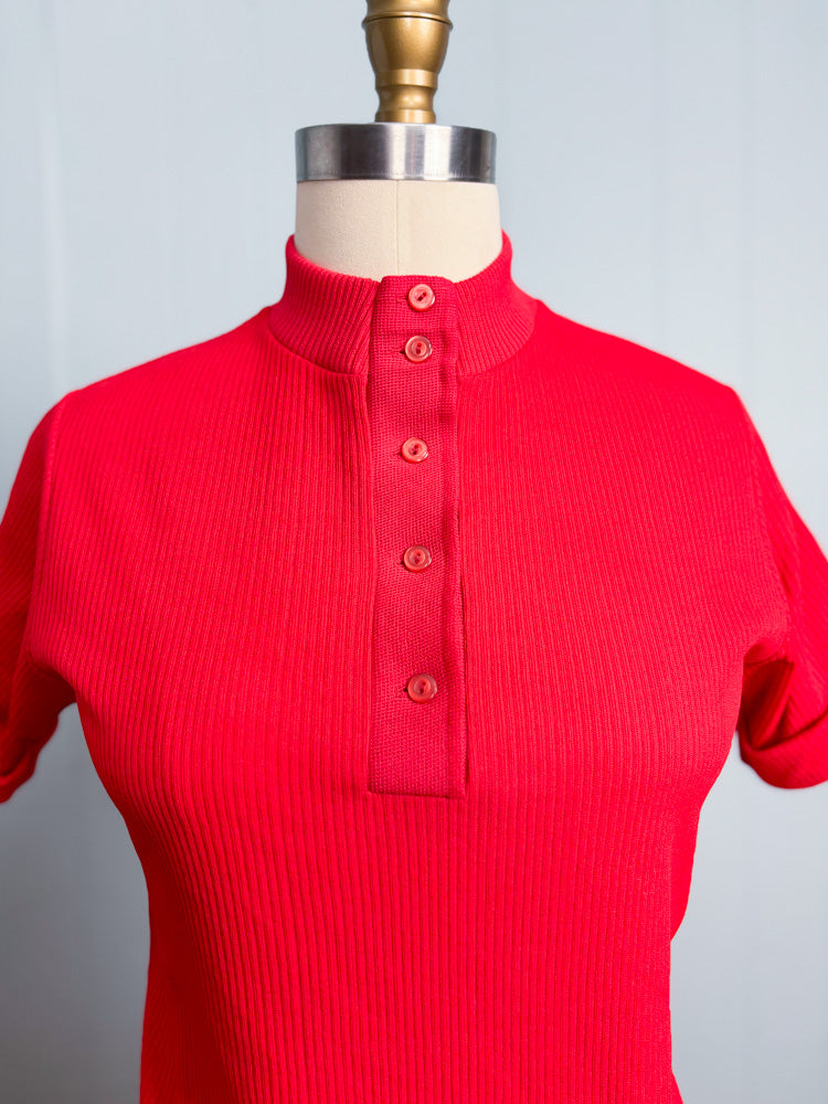 60's 70's Cherry Red Mockneck Short Sleeve Polo Shirt