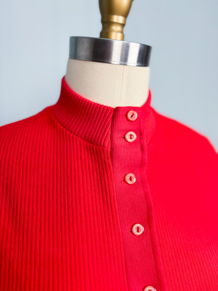 60's 70's Cherry Red Mockneck Short Sleeve Polo Shirt