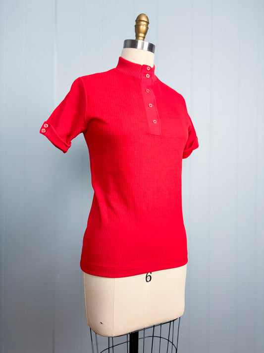 60's 70's Cherry Red Mockneck Short Sleeve Polo Shirt
