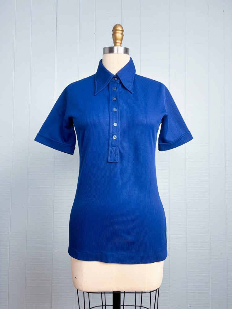70's Navy Ribbed Dagger Collar Short Sleeve Polo Shirt