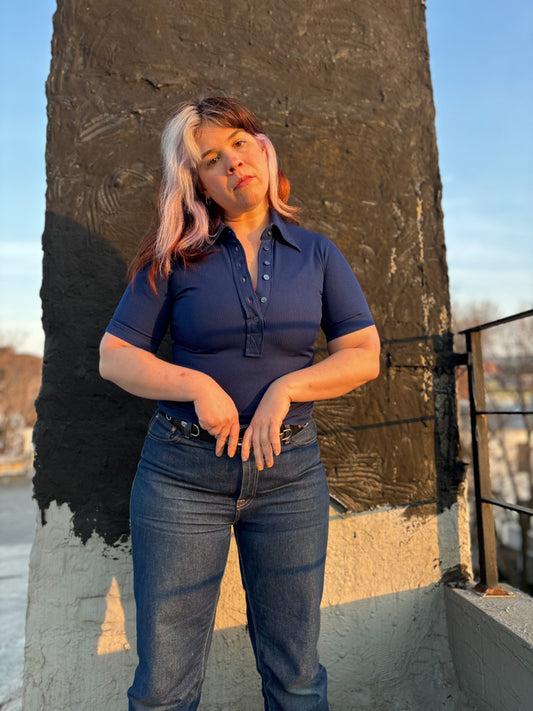 70's Navy Ribbed Dagger Collar Short Sleeve Polo Shirt