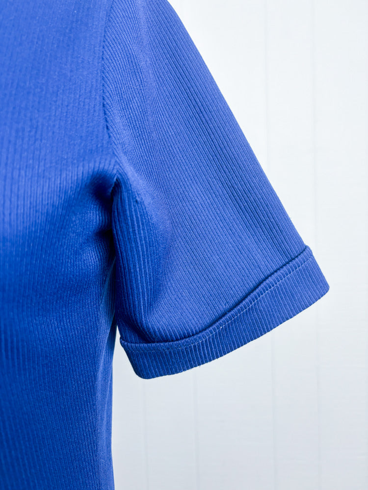70's Navy Ribbed Dagger Collar Short Sleeve Polo Shirt