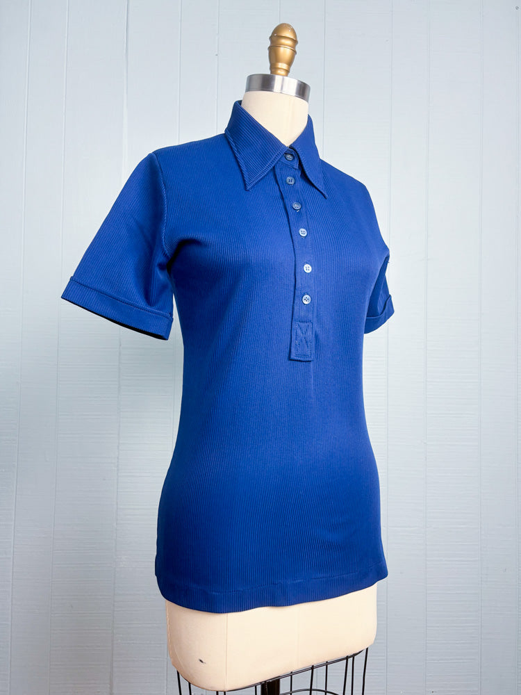 70's Navy Ribbed Dagger Collar Short Sleeve Polo Shirt